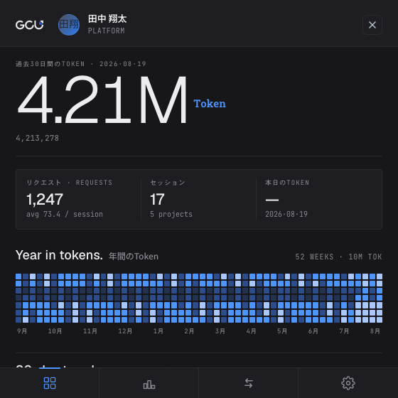Token Beats overview in Japanese, showing a 30-day token total and yearly activity heatmap with sample data